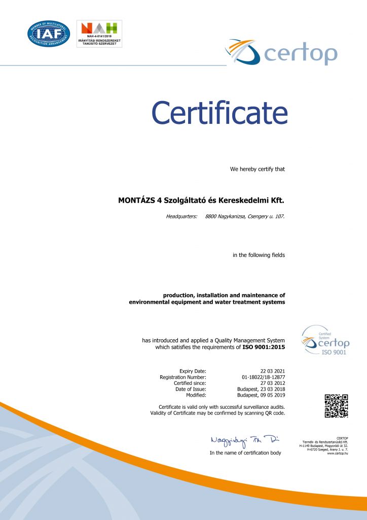 tanúsítvány HU18022-18 ISO 9001-2015 angol
