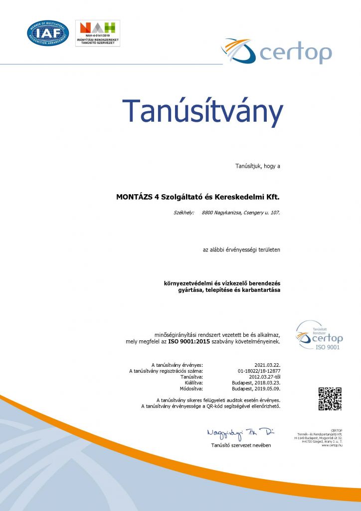 tanúsítvány HU18022-18 ISO 9001-2015 magyar